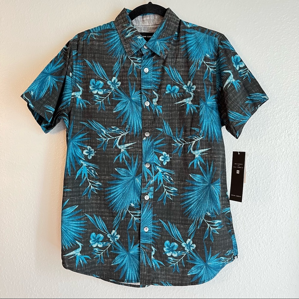 Ocean Current Black & Teal Tropical Short Sleeve Button Down Shirt Mens Small